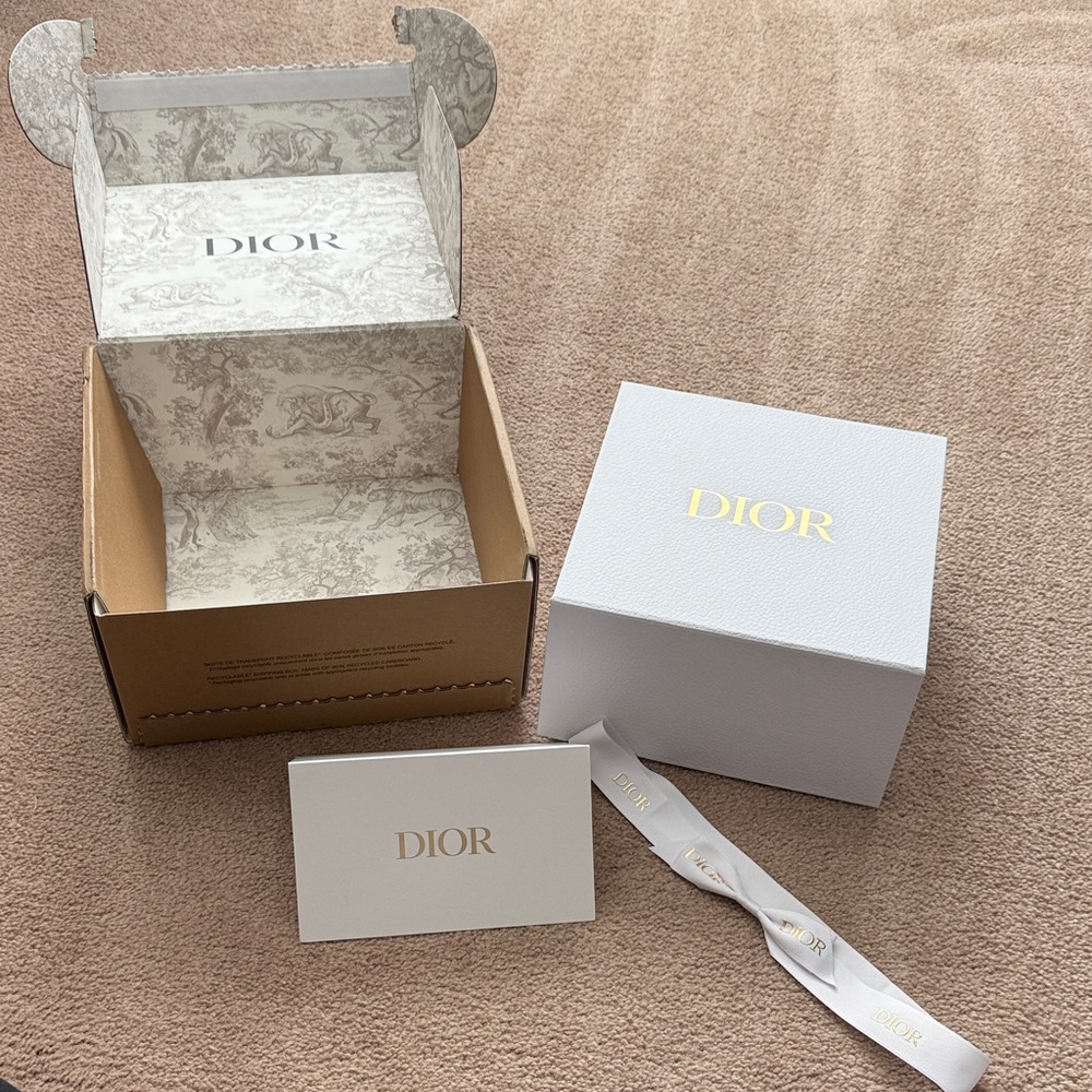 Dior White and Gold Gift Box Set with tissue, ribbon, card, and shipping box